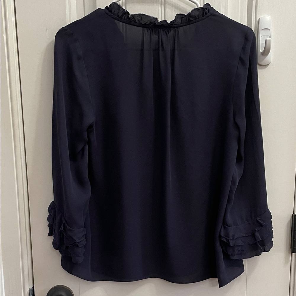 Rebecca Taylor Silk Navy Ruffle 3/4 Sleeve Blouse Size 4 - Picture 6 of 6